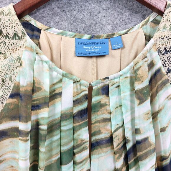 Simply Vera Wang Dress Sz L Green Cream Abstract Pleated Sleeveless Boho Comfort - Picture 2 of 12